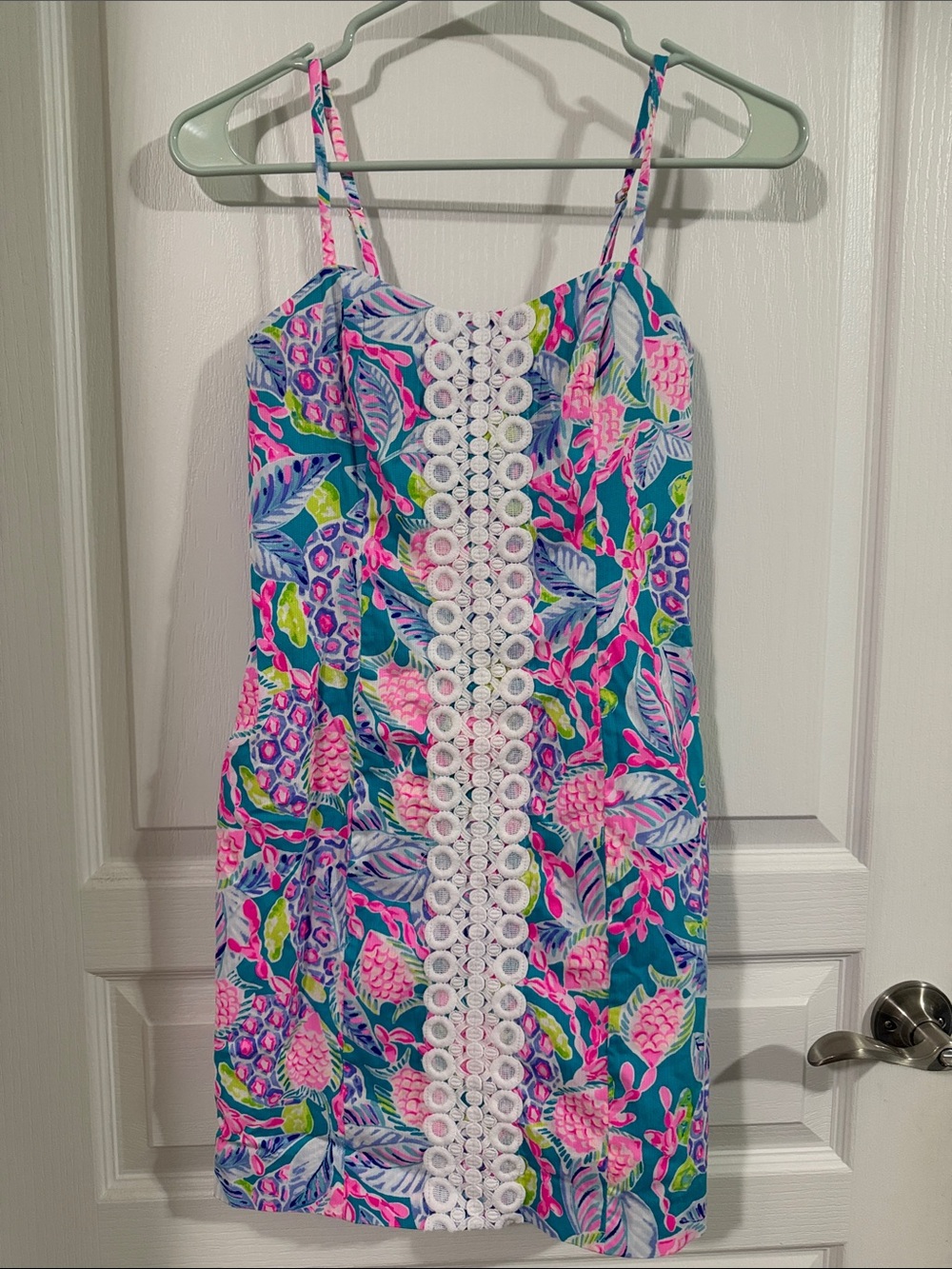 Lilly Pulitzer Teal Floral Spaghetti-Strap Dress with White Lace Trim